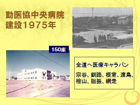 75年勤医協中央病院と周辺の様子と、全道へ医療キャラバンの範囲(宗谷、釧路、根室、渡島、檜山、胆振、網走)