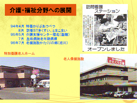 94年4月特養かりぷあつべつ、8月訪看STきくすい、とまこまい、95年5月介護支援センター稜北(函館)7月丘珠病院老年期病棟、96年7月老健施設かたくりの郷(旭川)解説
