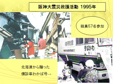 阪神淡路大震災の被害があった住宅の様子と北海道から送った健診車わかば号の様子